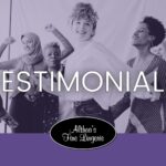 A promotional graphic for "Testimonials" at Althea's Fine Lingerie. The image shows a group of diverse, joyful women standing together with raised arms in celebration. The word "TESTIMONIALS" is prominently displayed in large white letters across the center, with the store's logo featuring cursive text below, set against a purple background.